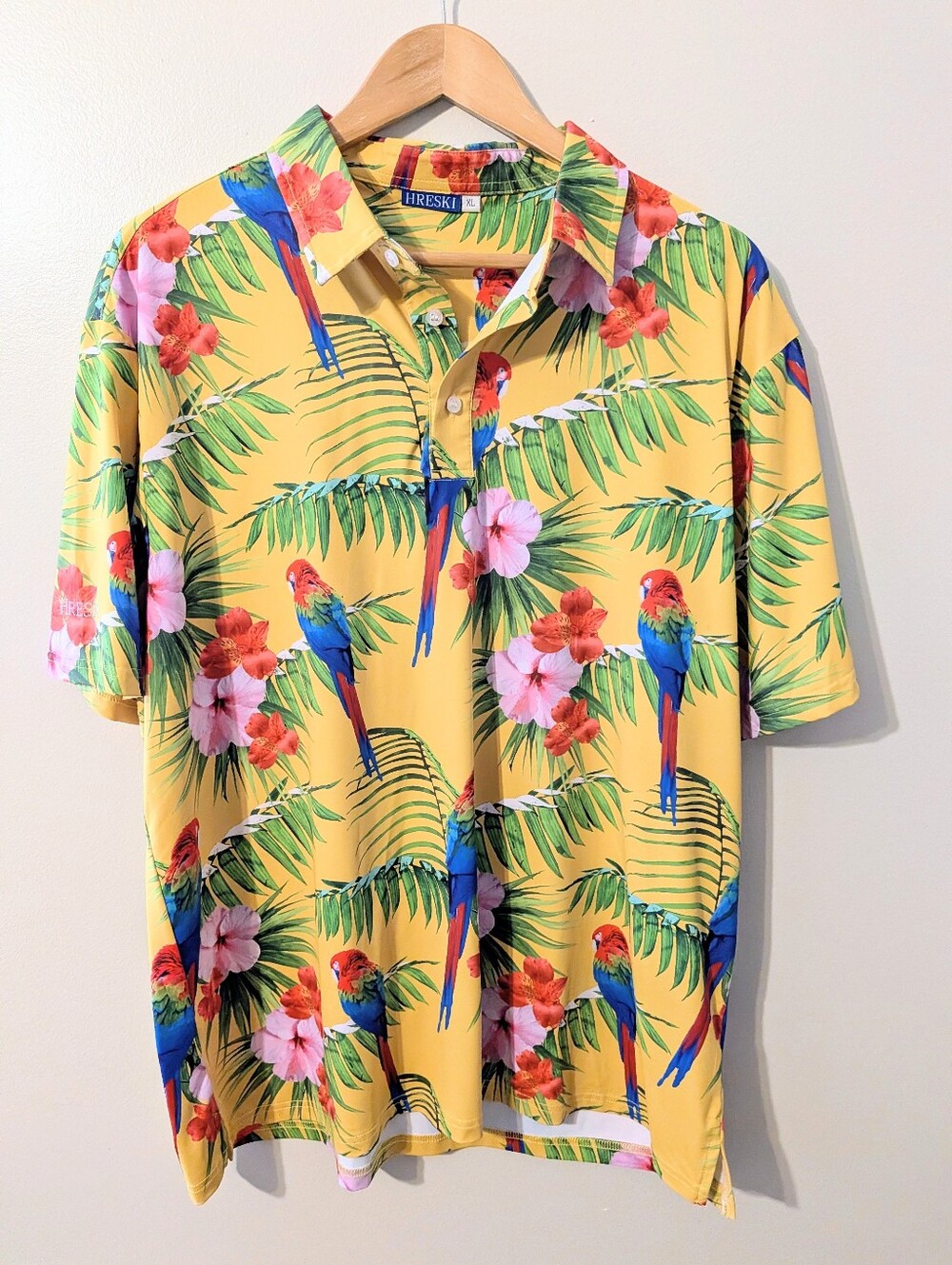 Hreski Men's Yellow Parrot Tropical Polo Golf Shirt XL Resort Beach Vacation